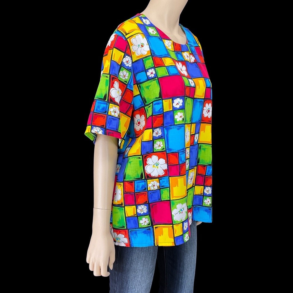 Jordan Top Women Size 20 Multicolor Short Sleeve Blouse Colorful Office VTG - Picture 2 of 9